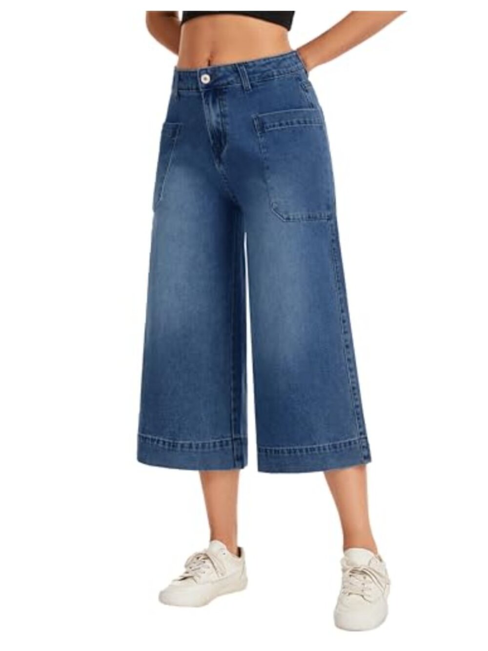 Womens High Waisted Wide Leg Capri Jeans with Pockets